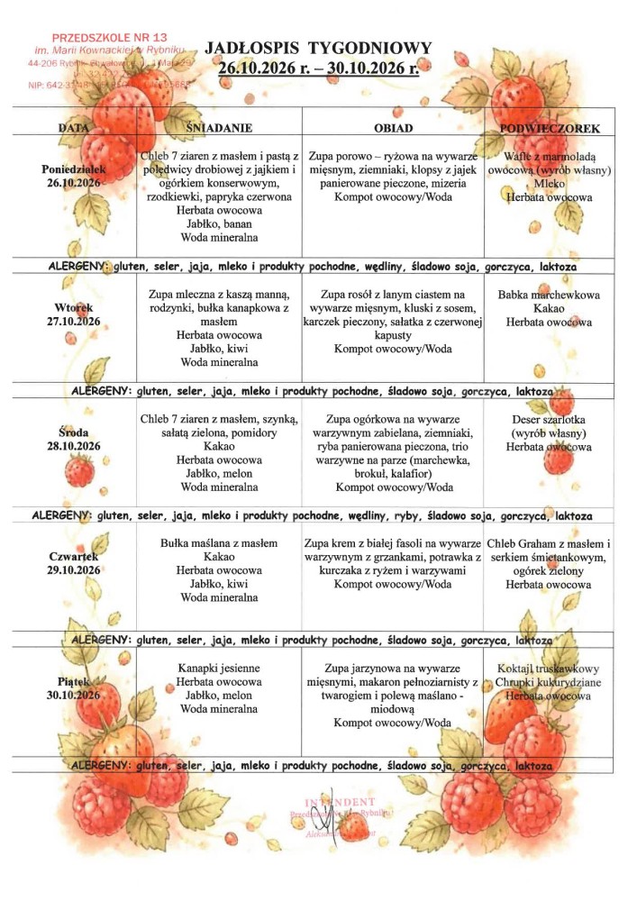 Jadłospis 26.10.2026 - 30.10.2026